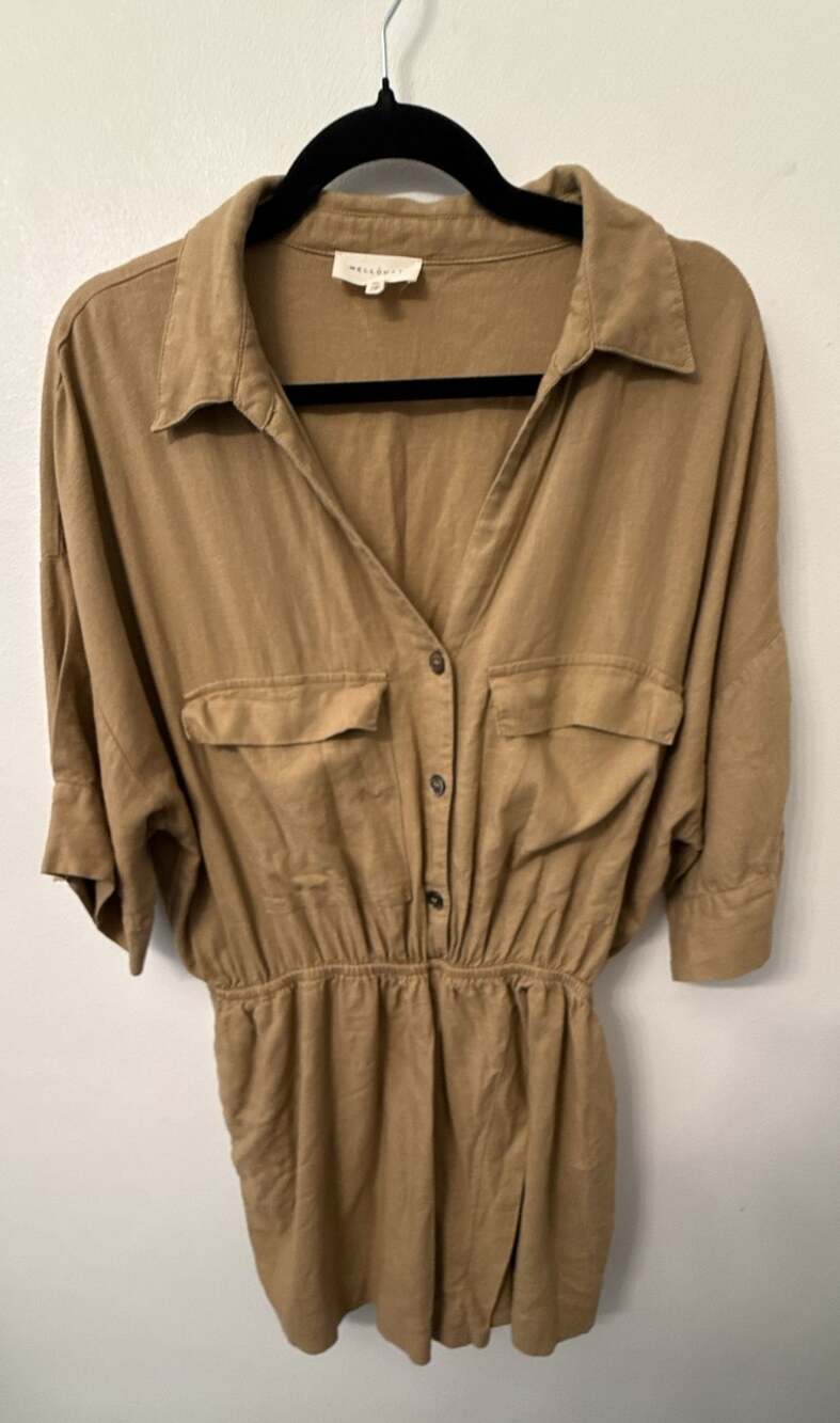 Melloday Utility Romper Brown Camel Collared Button Down Elastic Waist XL Boho